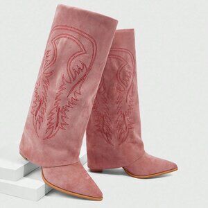 Pink Western Women's Pointed Toe Tall Chunky Heel Suede Fringe Boots